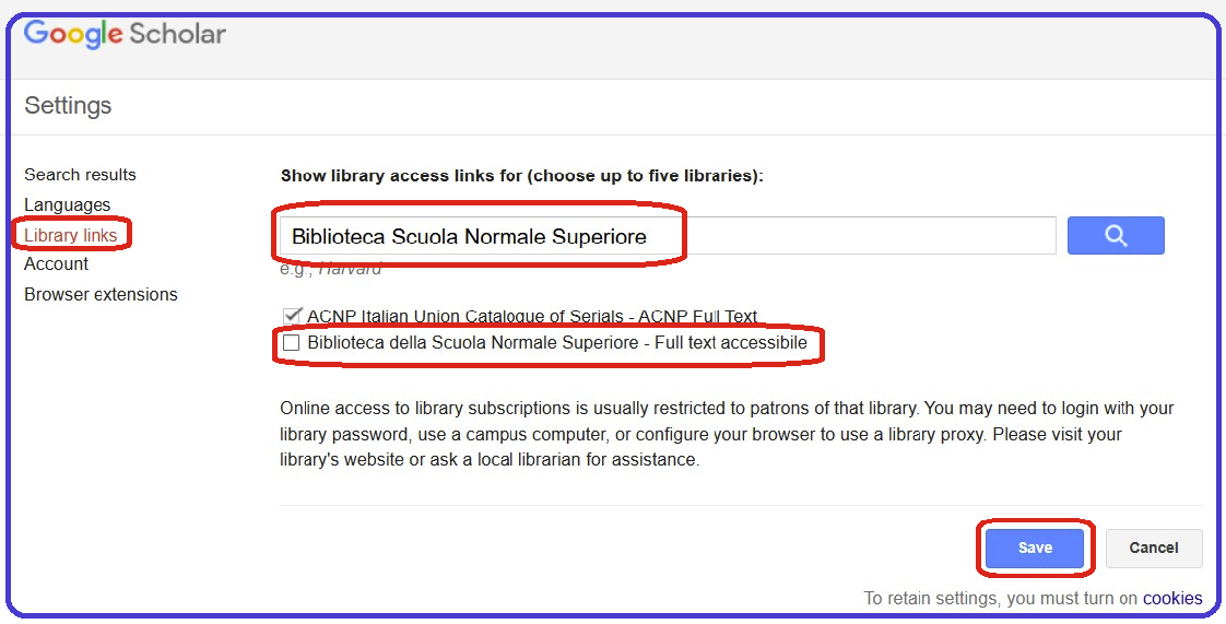 Google Scholar target libraries setu up