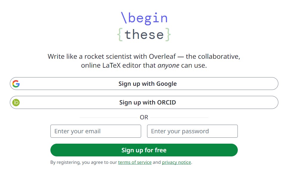 Overleaf registration/authentication page