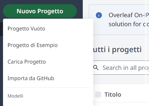 overleaf UI - apri un nuovo progetto